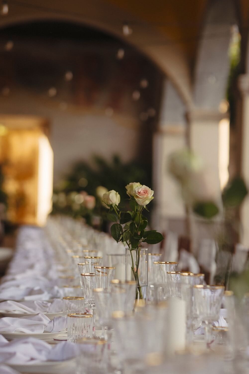 Married in Italy - elegant wedding banquet table setting with roses